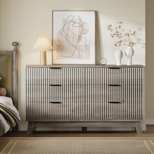 Image of BORNOON 53 inch Long Dresser for Bedroom, 6-Drawer Dresser with Fluted Fronts, Wide Wood Chest of Drawers, Smooth Metal Slides, Stable Base, Modern Clothes Storage Cabinet for Living Room, Hallway