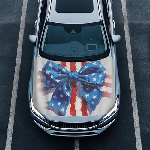 Image of American Flag Bow Car Hood Cover Watercolor Bow Star Stretchable Elastic 4th of July Auto Accessories for Car Hood Decoration and Protection, Universal Fit