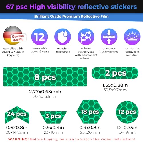 Image of LOOM Reflective Stickers | 67pc Brilliant Grn | Reflective Stickers for Helmet, Bike, Motorcycle, Hard Hat | Waterproof Reflectors for Car, Trailer | Bike Reflectors for Night Riding