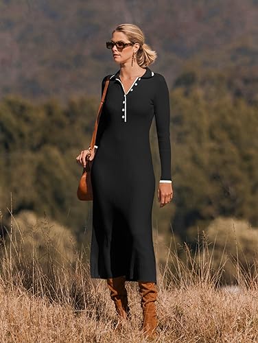 MEROKEETY Women's Long Sleeve V Neck Sweater Dress Button Ribbed Knit Slim Fit Elegant Maxi Dresses4