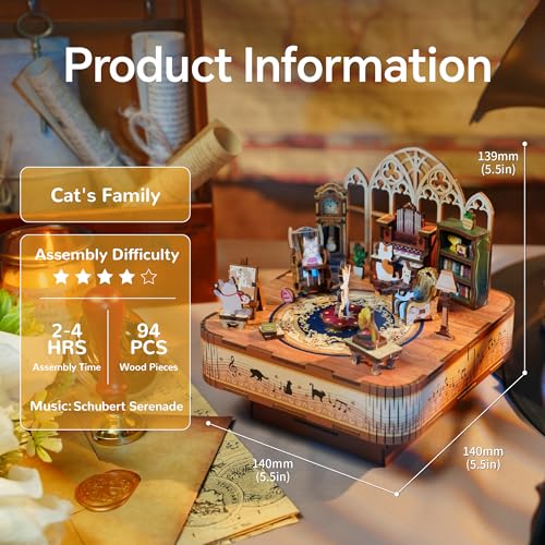 Image of Tonecheer Wooden Music Box Puzzle for Adults,DIY Rotating Music Box Kit 3D Creative Musical Puzzle Crafts Model Building Kits Desk Decor for Teens Kids Birthday Gift (Cats Family)