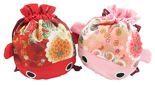 Cute Japanese Kimono Goldfish Drawstring Purse Pouch Bag 7.5 x 6.5 Pink Red