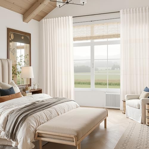 Image of Ivory White Linen Back Tab Curtains 84 Inch Length for Bedroom /Living Room 2 Panel Set Neutral Modern Farmhouse Window Privacy Semi Sheer Linen Drapes Rustic Pinch Curtain Ivory 52X84