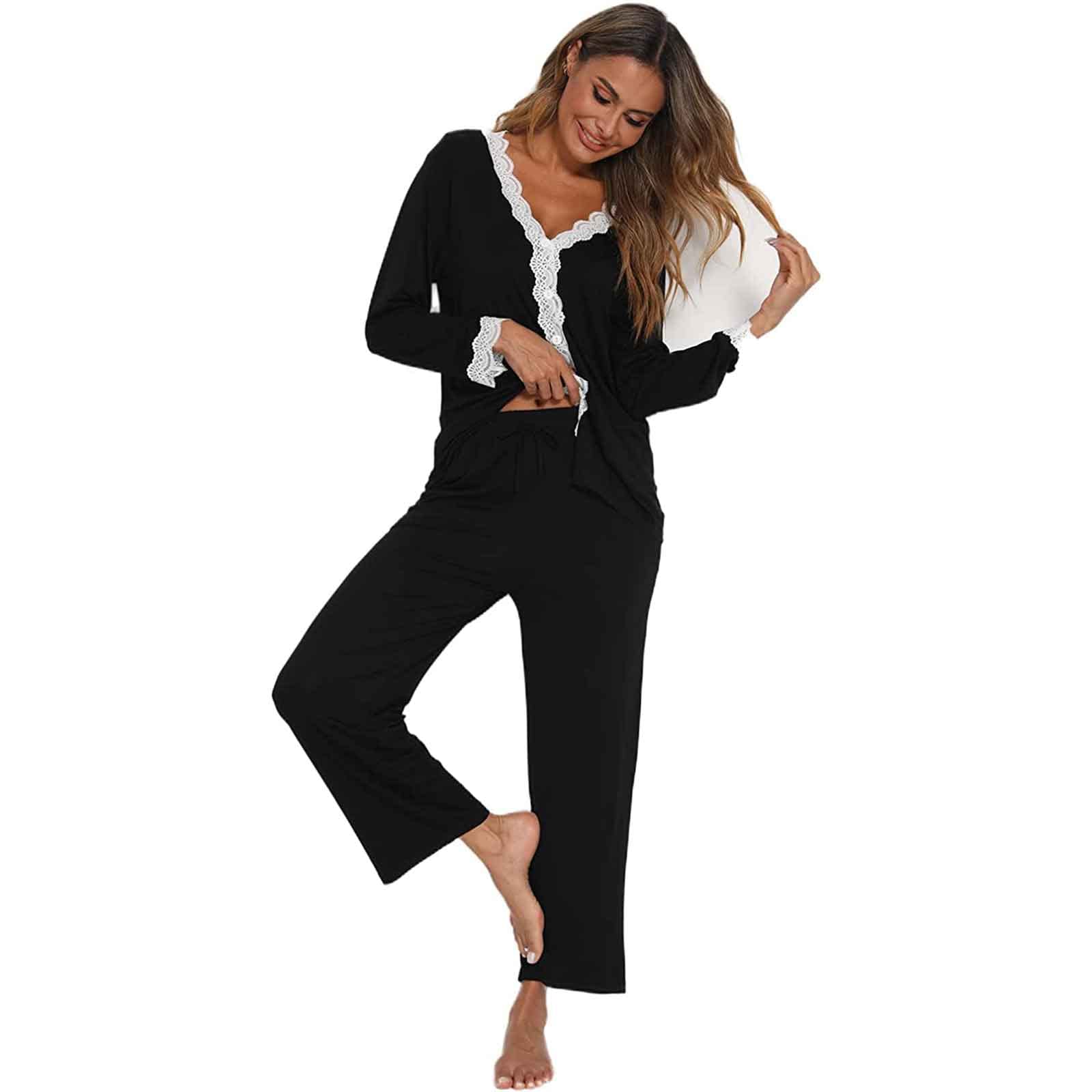Jecarden Damen Schlafanzug mit Spitze Lang - Damen Pyjama Set Winter Langärmelig Nachtwäsche Zweiteiler Baumwolle Sexy Pyjama für Frauen weiche Loungewear