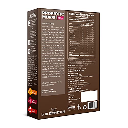 Image of MuscleBlaze Probiotic Muesli, Breakfast Cereals For Good Gut Health, Choco Cranberry, Multigrain Flakes, Antioxidant-Rich, 400 grams