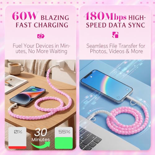 Image of 4-in-1 Beaded Charging Cable, MFi Certified, Works with CarPlay, 3.3FT 60W Fast Charger Cord for iPhone 17 /16 /15 /14 /13 /12 /11, iPad, Samsung, Android and More (Pink Jelly)