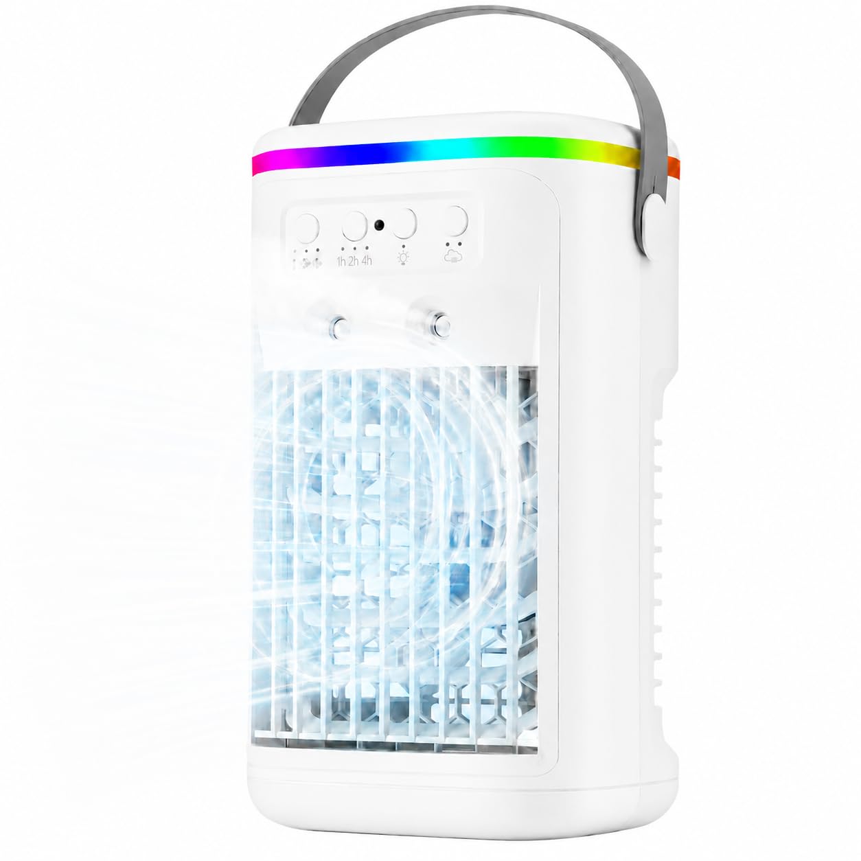 Climatiseur Mobile, Mini Rafraîchisseur d’Air Silencieux avec Télécommande, Ventilateur Brumisateur USB, 3 Vitesses, 2 Modes Brume, Minuteur 1H/2H/4H, LED 7 Couleurs, pour Chambre Bureau