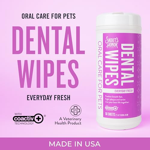 SKOUT'S HONOR Fresher Breath Dental Wipes- Pet Dental Wipes - Fights Plaque and Tartar, Freshens Breath Fast, No Brushing Required, 50 Sheets