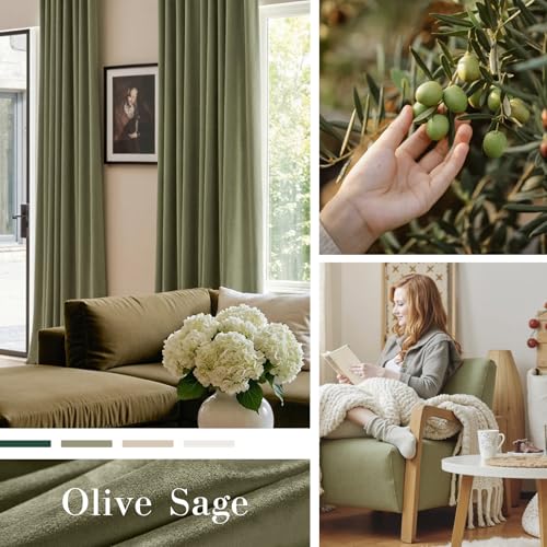 Image of Blackout Olive Sage Velvet Curtains Back Tab 52x90 Inch 2 Panels | Soft Velvet, Lined, For Bedroom & Living Space, Light Shifting Texture, Elegant Drape, Serene, Fresh