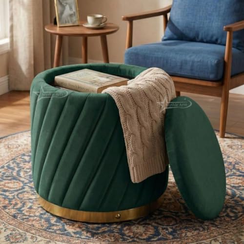 Image of Mythic ArtsRound Upholstered Sitting Stool & Footrest Velvet Storage Ottoman Pouffe13 X 13X 16 inch | Versatile Puffy for Living Room, Bedroom, and Office ? Chic Home Furnishings & Dcor Dark Green
