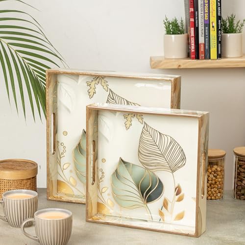 Image of CivanaHomes Wooden Serving Tray with Gold Engraving | Set of 2 | Size : 12 x 12 inch & 10 x 10 inch | Enamel Coated Waterproof | Square Trays | Decorative Trays (White Leaf)