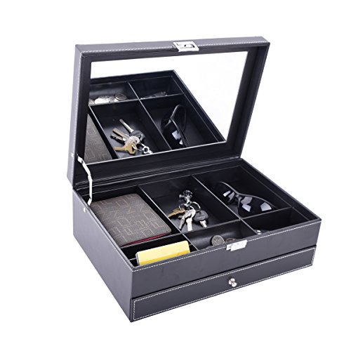 Autoark Leather Dresser Valet Jewelry Watch Organizer,Desktop Organizer for Keys,Coins,Wallet,Smartphone,Watches,Sunglasses and Accessories,Metal Buckle & Large Mirror,Big-Capacity,Black,AW-127