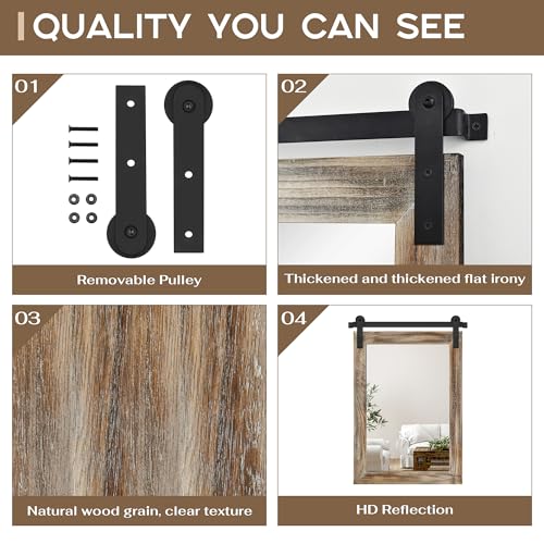 Image of COGOOD Farmhouse Barn Door Mirror - 22 x 30 Rustic Wood Framed Wall Mirror for Bathroom, Living Room, Entryway Wall Decor (Striped Brown)