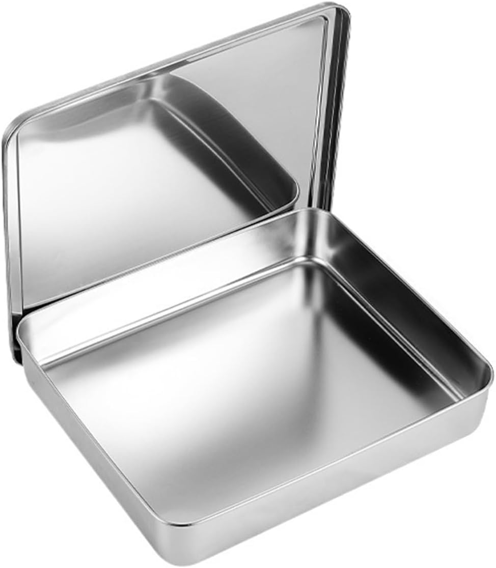 Stainless Steel Food Containers Stainless Steel Flat Bottom Storage Tray with Lid Square Food Plate Cake Bread Pastry Baking Pan (33x28.5x6.2 with Lid)