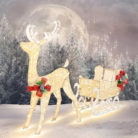 Reindeer and Santa's Sleigh (Gold) Christmas Décor Includes Pre-Strung LED Lights and Ground Stakes Cover