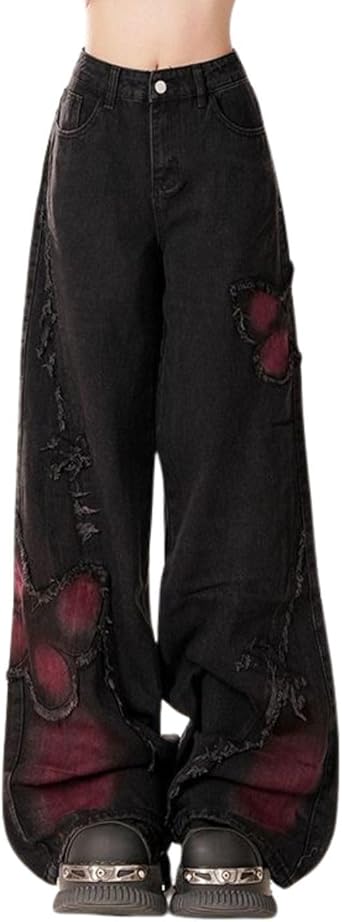 Cute Bootcut Jeans for Women Teen Girls Baggy Denim Jeans Y2k Butterfly Pants Aesthetic Gothic Streetwear Black M