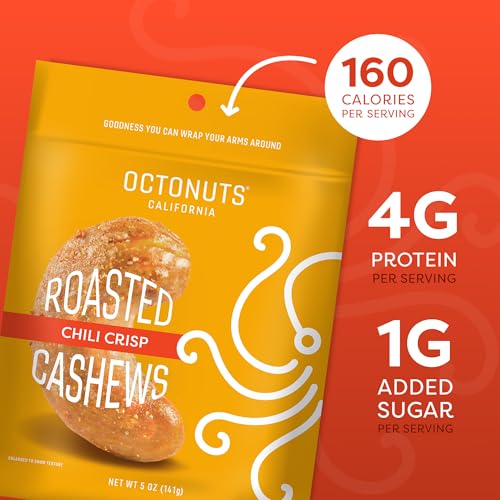 Image of Octonuts Chili Crisp Cashews - Roasted in Almond Oil (5oz) Bold Chili and Garlic Crunch - Plant Based Protein Snack - Healthy, Vegan & Non-GMO Verified