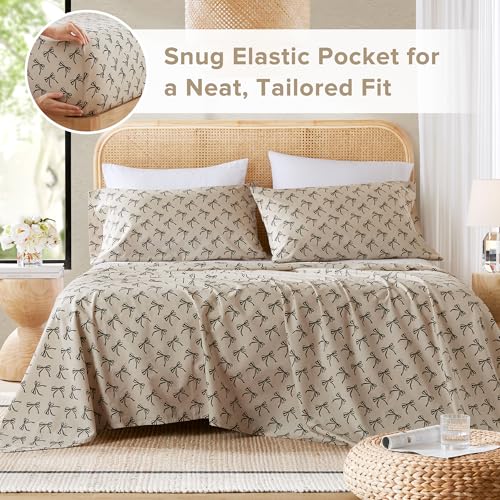 Comfort Spaces 100% Cotton Sheets Twin, Breathable, Naturally Cool Cotton Sheets, Soft Cotton Bed Sheets with 12" Elastic Pocket Fits up to 14" Mattress, All Seasons Sheet Set, Bow Black/Taupe 3 Piece