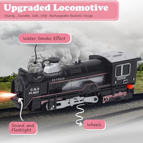 Image of VU Toys Big Rail King Train Set- Rechargeable Battery Operated Steam Engine, Coal, Passenger, 2 Maroon Container and 10 Round & 4 Straight Tracks - with Smoke, Light & Music