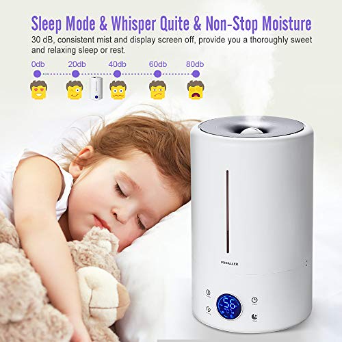 PROALLER Ultrasonic Cool Mist Humidifier for Large Rooms, 5L / 1.32 Gal for Bedroom, Baby, Home, Office, LED Display, Timer/Sleep Mode Quite, Filter Free, Waterless Auto Off, Portable, 3 Mist Level