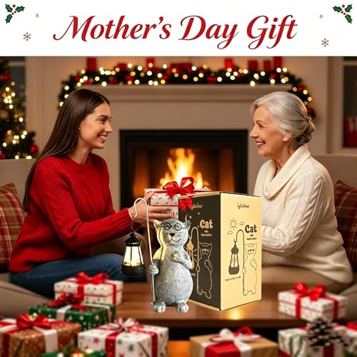 Image of lightsfever Animal Garden Statue with Solar Lantern, Cute for Patio,Balcony,Yard Decor, Lawn, Gift for Grandma (Gray Cat)