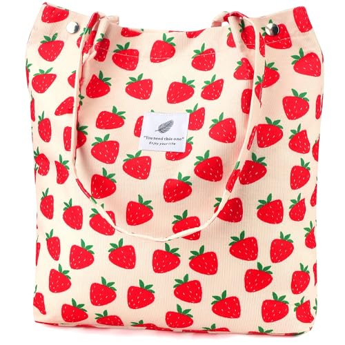 Bolso de Hombro de Pana con Diseño de Fresa y Sonrisa - Bolso de Playa para Mujeres, Damas, Niñas, Adolescentes, Escuela y Viajes Bolso de Hombro de Pana con Diseño de Fresa y Sonrisa - Bolso de Playa para Mujeres, Damas, Niñas, Adolescentes, Escuela y Viajes