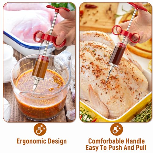 Image of Kingsmile Meat Injector, Turkey Injector Syringe - 3 Needles for BBQ Grill, 1oz Meat Injector Syringe, Injector Marinades for Meats, Meat Injectors for Smoking 1 Cleaning Brush Easy to Use & Clean Red
