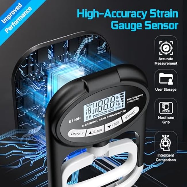 Grip Strength Tester Hand Dynamometer - Grip Strength Trainer Electronic Hand Gripper Strengthener Wrist Exerciser Meter Digital Training Gauge 265 Lbs / 120 Kgs for Sport School Home Use