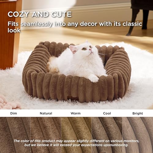 Image of Bedsure ComfyFleece Cute Dog Bed for Small Dogs & Cats,20in Camel Brown | Furry Cat Beds For Indoor Cats,Washable Orthopedic Corduroy Aesthetic Puppy Beds,Removable Cover,Non-Slip Bottom,up to 10 Lbs