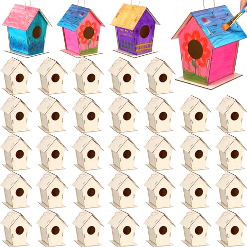 DoubleFill 12 Pcs Bulk 6.3'' Wooden Bird Houses Kits for Kids to Build DIY Unfinished Wood Birdhouses to Paint Wood Arts and Crafts Birthday Gifts for Valentines Crafts Class Parties