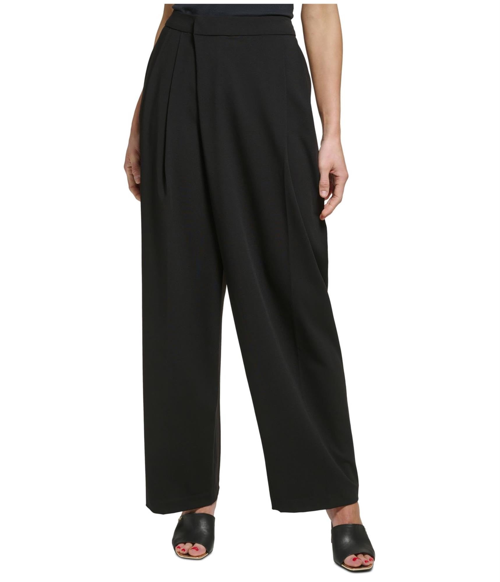 DKNY Womens Draped High Rise Wide Leg Trousers Relaxed Casual Pants Black Petite 12P