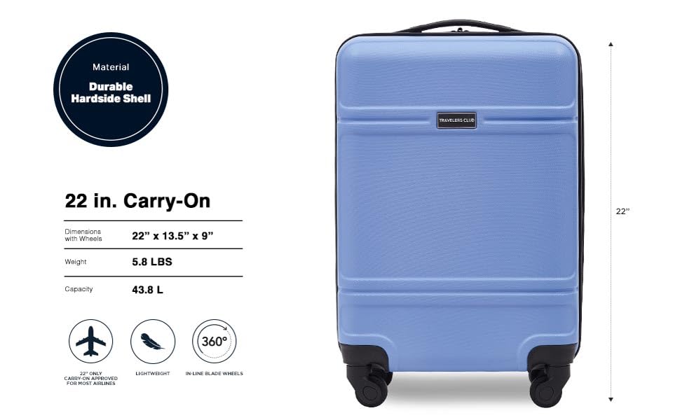 Image of Travelers Club Skyline 22 inch Carry-On Spinner Luggage, Skyline Blue