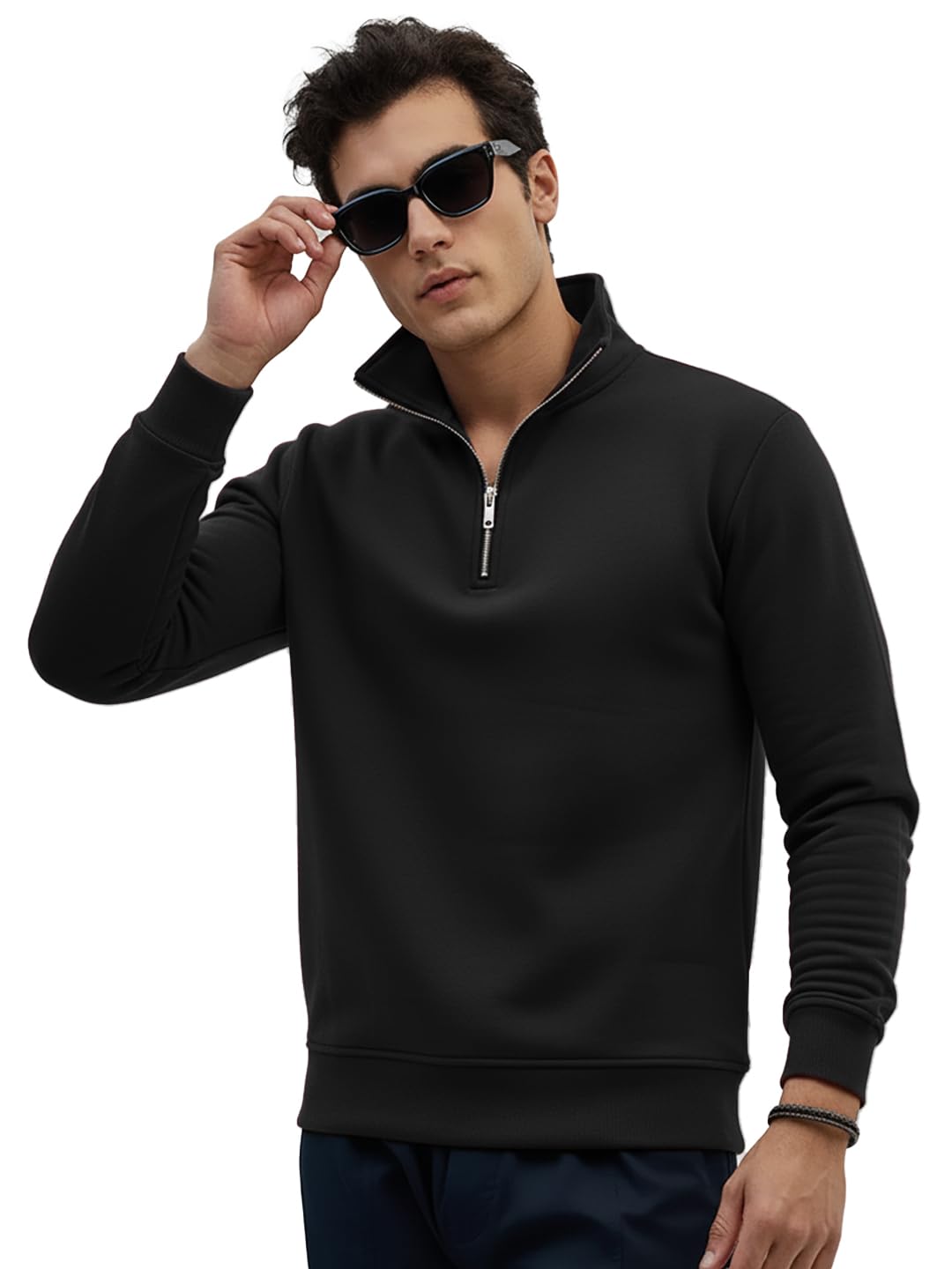Men High Neck Zipper Full Sleeve Cotton Knitted Winter Sweater for Man (Color_Black)