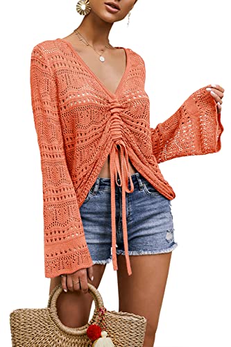 Image of Saodimallsu Womens Boho Off Shoulder Sheer Crop Tops Bell Sleeve Flowy Oversized Crochet Ruched Pullover Sweaters