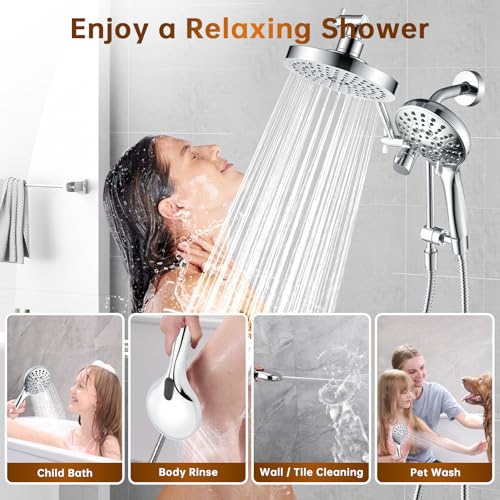 BRIGHT SHOWERS Rain Shower Head with Handheld Spray Built-in Power Wash, High Pressure Dual Shower Head with Height Adjustable Extension Arm, 3-Way Diverter, 9 Settings Handheld, 69” Long Hose, Chrome - Thumbnail 7