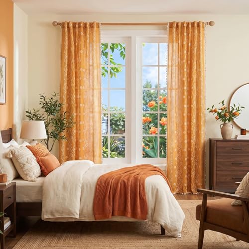 Image of MYSKY HOME Boho Floral Curtains 90 Inch Long for Living Room Golden Yellow