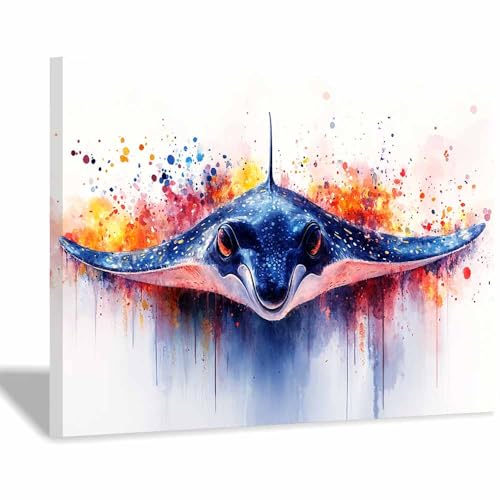 Art d'aquarelle de raie sur toile classique haut de gamme TERUEA bleu