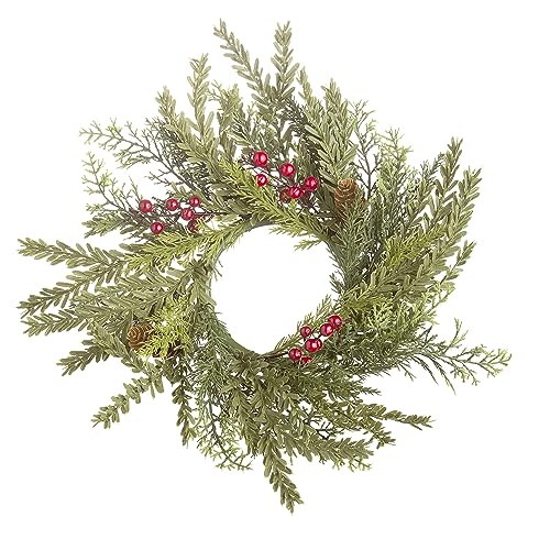 Darice Christmas Candle Ring Mixed Cedar with Red Berries 13.5 Inch Overall Diameter, Fits 3.5 to 4 Inch Pillar