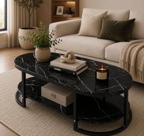 Image of Coffee Tables for Living Room Modern Coffee Table Oval Sofa Table Center Tables for Living Room 2 Tier Side Table Small Apartment Home Furniture Black Gold 2T (Black Black)