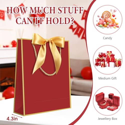 Image of JMANNI 1PCS Gift Bag with Ribbon and 1 Greeting Card 2 Tissue Papers, Portable Paper Gift Bag with Handles, Birthday Present Bags for Wedding Party,Mother's Day 12.6 inch x 9.8 inch x 3.9 inch(red gold)
