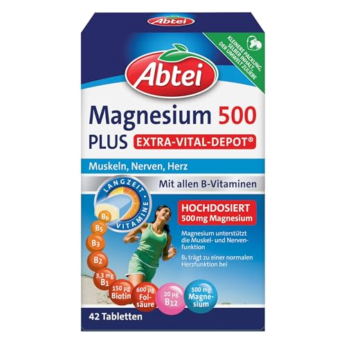 Abtei Magnesium 500 Plus Extra-Vital-Depot – hochdosierte Magnesiumtabletten – mit allen B-Vitaminen – für Muskeln, Nerven und Herz – vegan – 42 Tabletten