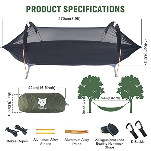 Night Cat Camping Hammock Tent With Mosquito Net And Rain Fly 1-2 Persons Backpacking Bivvy Ground Tent With Tree Strap Swing Heavy Rain Waterproof Lightweight 440Lbs #TOP3