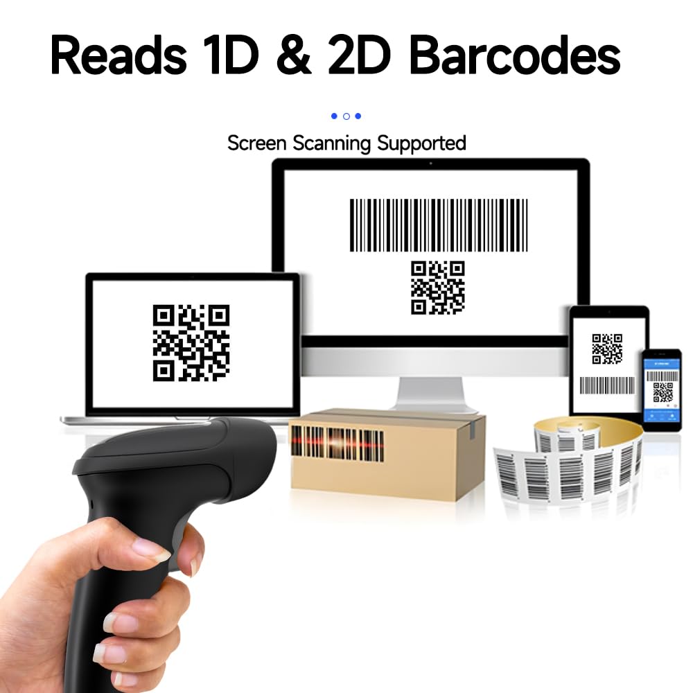 YANZEO Scanner di codici a barre 1D 2D con supporto regolabile, scanner di codice QR, lettore di codici a barre portatile USB con sensore di immagine CMOS e rilevamento automatico dello schermo