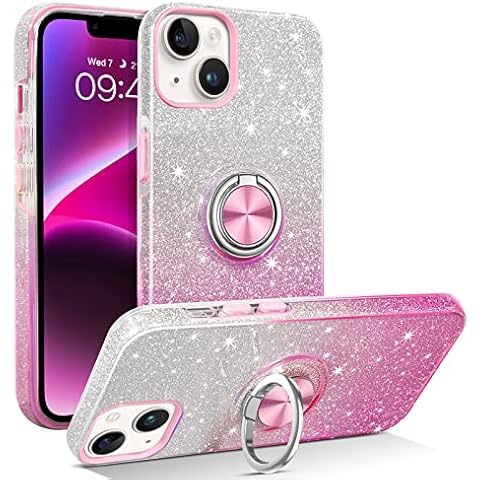 DOMAVER iPhone 14 Case, iPhone 13 Case Slim Fit Glitter Sparkly with 360° Ring Holder Kickstand Magnetic Car Mount Supported Protective Girls Women Phone Case for iPhone 14/iPhone 13 6.1“, Pink Cover