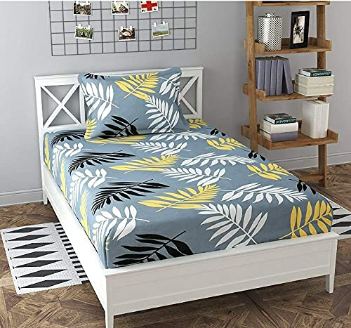 Image of Glace Cotton Single Bedsheet - 60x90 Inches with 1 Pillow Cover 18x28 Inches - Leaf Printed Grey Bed Sheet Set - Soft Flat Bedcover for Single Mattress Bed Bedroom Hostel Room - Grey Leaf