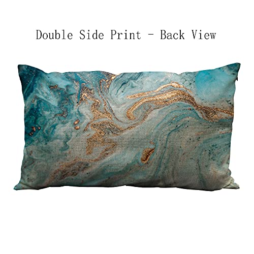 Wozukia Marble Texture Throw Pillow Covers Eastern Technique Ebru Contemporary Art Golden And Turquoise Mixed Acrylic Paints Linen Fabric For Bed Sofa Car Waist Cushion Cover 12 X 20 Inch Pillow Case #TOP1