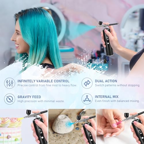 Image of Airbrush Kit with Compressor, 2 Airbrushes, 6400mAh 50PSI High Pressure Airbrush for Nails with 0.2 /0.3 /0.5mm Nozzle Sets, Airbrush for Nails, Modeling, Cake Decorating, Pastry (Black)