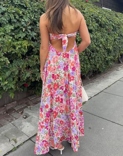Image of Women Floral Print Maxi Tube Dress Strapless Flowy Long Bandeau Dress Y2K Open Back Sundress Summer Beachwear