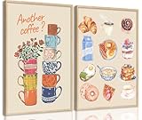 Modern Coffee Kitchen Canvas Wall Art Colorful Breakfast Food Croissant Painting Picture Wall Decor Trendy Coffee Cups with Flower Poster Print Artwork for Dining Room Bedroom Dorm Decorate, Unframed
