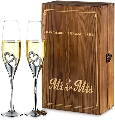 NUPTIO Champagne Flutes Glasses Wedding: Personalised Champagne Flute with Wooden Gift Box Crystal Prosecco Glass Set of 2, Silver Gift Set for Engagement Toasting Anniversary Party Bridal Showers
